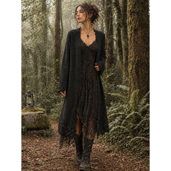 BCBGMaxAzria Sweaters - BCBGMAXAZRIA Black Longline Cardigan Pointelle Lace Knit Button Front Women L